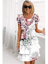 billiga Chiffongklänningar-Dam Midiklänning Sommarklänning Klänning med tryck Elegant Dagligen Normal Blommig Geometrisk Kortärmad Rund hals Ljusgul Ljusrosa Ljusrosa Dammig ros Sommar