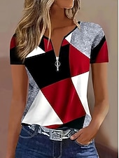 levne Tričko s pruhy a geometrickým vzorem-Dámské Tričko Zip Čtvrtletní zip Grafika Geometrický Abstraktní Vinobraní Tropický vzhled Havajské Krátký rukáv Tričkový Běžné topy Svatba na pláži Denní Sport Vodní modrá Černá Světlá růžov