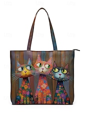 cheap Vacation &amp; Travel Bags-Women's Polyester Tote Bag, Large Capacity with Zipper, Multiple Cat Designs, Perfect for Vacations, Shopping, and Everyday Casual Use