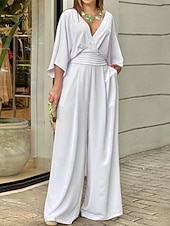 abordables monos casuales-Mujer Normal Mono Elegante Color sólido Manga 3/4 Perneras anchas Escote en Pico Bolsillo Diario Vacaciones Holgado Azul Piscina Negro Blanco Verano