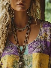  Damen Boho-T-Shirt T Shirt T-Shirt Druck Blumen Vintage Ethnisch Lässig Langarm V Ausschnitt Normale Oberteile Täglich Wochenende Urlaubskleidung Purpur Sommer Frühling Herbst