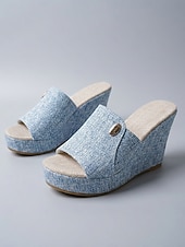 economico Sandali con zeppa-sandali con zeppa da donna in denim azzurro chiaro: eleganti sabot con plateau per resort all'aperto, vacanze estive e relax in hotel