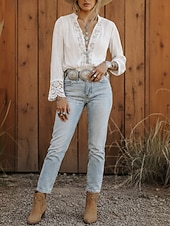 זול טופים מבד תחרה-בגדי ריקוד נשים חולצה חולצות תחרה תחרה אחיד מודרני יום יומי שרוול ארוך צווארון V חולצות רגילות חגים ליציאה לבן קיץ