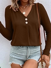 levne jednoduché tričko-Dámské Tričko Tlačítko Přední S texturou Pevná barva Módní Na běžné nošení Dlouhý rukáv Do V Dlouhé topy Denní Jdeme ven Tmavěhnědá Travní zelená Černá Bílá Rubínově červená Jaro Podzim