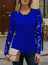 preiswerte Spitzenoberteile-Damen Hemd Bluse Spitzentops Spitze Einfach Stilvoll Modern Lässig Langarm Rundhalsausschnitt Normale Oberteile Täglich Ausgehen Blau Schwarz Weiß Rosa Wein Frühling Herbst