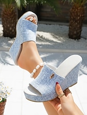 economico Sandali con zeppa-sandali con zeppa da donna in denim azzurro chiaro: eleganti sabot con plateau per resort all'aperto, vacanze estive e relax in hotel