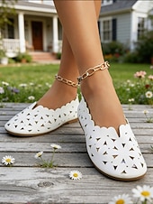 abordables Ballerines femme-Chaussures blanches ajourées pour femmes, à enfiler - design respirant découpé au laser, chaussures décontractées et confortables pour un usage quotidien, la marche, les voyages, le jardinage et les sorties estivales.