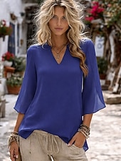 cheap Plain Blouses-Women's Blouse Solid Color Elegant Stylish Casual 3/4 Length Sleeve V Neck Regular Tops Daily Pink Wine Red Royal Blue Green Summer Spring