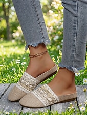 economico Zoccoli e pianelle da donna-muli ricamati bohémien arancioni da donna - slip-on etniche in tela di lino per picnic estivi, vacanze &amp;passeggiate in spiaggia