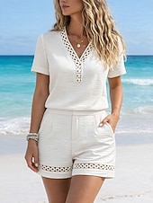 economico Imposta-Per donna Set effetto lino Set di Pantaloncini Bolero Manica Corta Scollo a V Tinta unica Taglio Moda Streetwear Casuale Quotidiano All'aperto Nero Beige Estate Vestibilità regolare