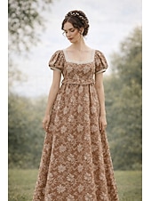 preiswerte Kleid-Retro Vintage Mittelalterlich Renaissance Bodenlang Kleid Ballkleid Kleid im Regency-Stil Puffärmel / Ballon Jacquard Blumen Kostüm Damen Halloween Karneval Abschlussball Hochzeit Maskerade Erwachsene