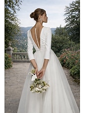 halpa Pienet valkoiset mekot-A-linja Polven yli Häämekot Morsiuspuvut Hääpuku Vintage 1940/1950-luku Valkoiset pikkumekot 3/4 hiha V kaula-aukko valmistuminen Syntymäpäivä Satiini Tylli kanssa Solid Color