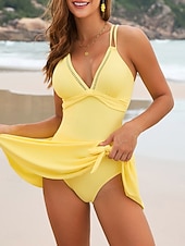preiswerte Schwimmresse-Damen Badeanzug Einteiler Badeanzugkleid Bademode Bauchkontrolle Hohe Taille Schlank Rückenfrei Urlaub Vintage Einfarbig V Ausschnitt Ärmellos Badeanzüge