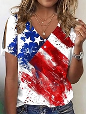  Jour de l'Indépendance Américaine Femmes T-shirt Bloc de Couleur Imprimé Graphique Drapeau ancien Élégant Classique Manche Courte Col en V Hauts Réguliers Quotidien Sortir Week-end Bleu Rouge Rouge
