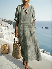 abordables Vestidos-Mujer Normal Vestido maxi Vestidos con tacto de lino Lino de algodón sintético Vestido Kaftan Vestido vintage Elegante Casual Diario Trabajo Holgado Raya Manga Larga Escote en Pico Rojo Verde Trébol