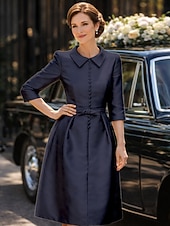 preiswerte Teelänge-Schlauchkleid Knielang Partykleid Cocktailkleid Kleid für Hochzeitsgäste Brautmutterkleid Dreiviertelarm Hemdkragen Elegant Minimalistisch Hochzeitsgast Cocktailparty Formeller Abend Stretch Satin mit