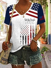 baratos Dia da Independência Top-Dia da Independência Americana Mulheres Camiseta Imprimir Gráfico Bandeira Vintage à moda Clássico Manga Curta Decote V Tops longos Diário Preto Branco Azul empoeirado Verão Primavera