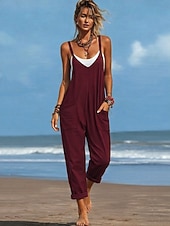お買い得  バケーションジャンプスーツ-女性用 標準 ジャンプスーツ 活発的 純色 ノースリーブ Ｖネック ポケット 日常 ビーチ ルーズフィット ブラック ワイン パープル 夏