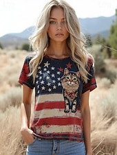  American Independence Day Women's T Shirt Print Graphic Letter American Flag Vintage Stylish Classic Short Sleeve Crew Neck Regular Tops Daily Red / Blue Summer Spring