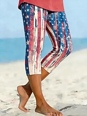  Uavhengighetsdagen Patriotisk Kvinne Capri Bukser Leggings Ferie Vintage Motebukser Kalfslengde Høy Midje Bukser Grafisk Flagg Trykking Komfort Myk Pustende Elastisk Uformell Daglig Kontor Vannmelon