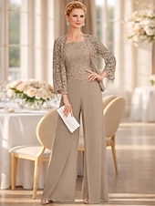 cheap Mom's Jumpsuits-Jumpsuit Pantsuit 3 Piece Floor Length Mother of the Bride Dress Sleeveless Square Neck Elegant Plus Size Formal Wedding Guest Chiffon Corded Lace Wrap Included with Lace Appliques