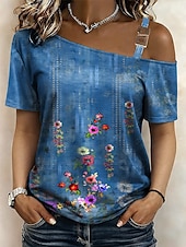 ieftine Bluze florale-Pentru femei Tricou Tee Top Imprimeu Floral Grafic Stilat Clasic Casual Manșon scurt Gât asimetric Topuri obișnuite Zilnic Ieșire Sfârșit de săptămână Albastru piscină Vară Primăvară