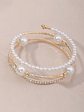 billige Bryllup ACC-Armbåndssett med tre lag i kunstperlelegering til dame, stablebare armbånd i gull og sølv med elegante perler og krystalldetaljer, vintage brudesmykker til bryllup, kveldsfester og formelle arrangementer