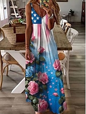  Jour de l'Indépendance Américaine Femmes Robe maxi Robe trapèze Robe Nuisette Vacances Occasionnel Sortir Coupe régulière Graphique Drapeau Américain Sans manches Col en V Bretelles spaghetti Bleu