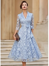 cheap Tea Length-A-Line Tea Length Blazer Dress Formal Dresses Mother of the Bride Dress Long Sleeve Shirt Collar Elegant Vintage Formal Wedding Guest Kentucky Derby Chiffon Satin Jacquard with Bow(s) Pleats Flower