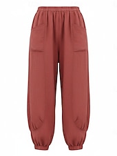 preiswerte Premium-Leinen-Kollektion-Damen-Leinenhose aus 70 % Leinen, weites Bein, Chino-Stil, Sommerhose, Urlaubshose, Streetwear, Basic, lange Länge, mittlere Bundhöhe, schlicht, Tasche, elastischer Bund, bequem, komfortabel, nicht elastisch, für Alltag, Outdoor, Straße, Bordeauxrot, Azur