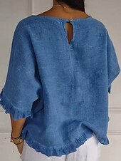 cheap Shirts-Women's Linen-feel Shirts Blouse Ruffle Solid Color Stylish Casual Half Sleeve Crew Neck Regular Tops Daily Blue Green Apricot Summer Spring Fall