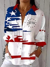  يوم الاستقلال الأمريكي نسائي قميص مكشكش بقع Buttons الرسم علم عتيق أنيق كم طويل أكمام واسعة جرس قبعة القميص قمصان عادية مناسب للبس اليومي عمل مناسب للعطلات أسود أبيض أحمر الصيف الربيع الخريف