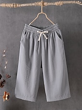 cheap Wide Leg &amp; High Waisted-Women's Cotton Capri Pants Casual Pants Summer Shorts Vacation Fashion Streetwear Calf-Length High Waist Plain Drawstring Pocket Elastic Waist Comfort Comfortable Inelastic Daily Vacation Street