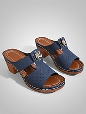 preiswerte Absatzsandalen-Women's Navy Blue Breathable Block Heel Sandals with Floral Detail - Casual and Comfortable Open-Toe Heeled Shoes for Work, Office, Travel, Shopping &amp; Daily Wear