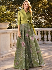 cheap Floor Length-A-Line Floor Length Shirt Dress Wedding Guest Dress Formal Dresses Mother of the Bride Dress Long Sleeve Shirt Collar Elegant Vintage Wedding Formal Nylon with Floral Print Bow(s) Slit