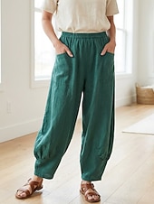 preiswerte Premium-Leinen-Kollektion-Damen-Leinenhose aus 70 % Leinen, weites Bein, Chino-Stil, Sommerhose, Urlaubshose, Streetwear, Basic, lange Länge, mittlere Bundhöhe, schlicht, Tasche, elastischer Bund, bequem, komfortabel, nicht elastisch, für Alltag, Outdoor, Straße, Bordeauxrot, Azur