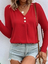 levne jednoduché tričko-Dámské Tričko Tlačítko Přední S texturou Pevná barva Módní Na běžné nošení Dlouhý rukáv Do V Dlouhé topy Denní Jdeme ven Tmavěhnědá Travní zelená Černá Bílá Rubínově červená Jaro Podzim