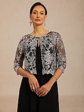 cheap Dressy Blouses-Women's Bolero Jacket Lace up Sequins Embroidered Floral Elegant 3/4 Length Sleeve Crew Neck Regular Tops Wedding Guest Cocktail Attire Black Summer Spring Fall