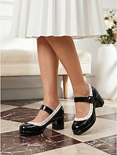 abordables Retro de los años 50-Zapatos Mary Jane vintage de los años 50 para mujer: elegantes tacones de bloque de charol negro sintético con ribete festoneado para fiestas retro y eventos rockabilly. &amp;estilo de mediados de siglo