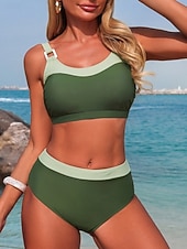 preiswerte Bikini-Sets-Damen Badeanzug Bikini Zweiteilig Slips Bademode Bauchkontrolle Hohe Taille Schlank Rückenfrei Urlaub Strandbekleidung Farbblock U-Ausschnitt Ärmellos Badeanzüge