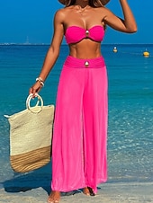 preiswerte 3-teiliges Bikini-Set-Damen Badeanzug Dreiteilig Hose Bademode Gerafft Rückenfrei Urlaub Strandbekleidung Einfach Trägerlos Ärmellos Badeanzüge