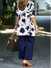 cheap Women's Blouse Suits-Women's Pants Sets Bolero Top Sleeveless Long Sleeve Round Neck Floral Graphic Print Fashion Streetwear Casual Daily Outdoor Blue Black Wine Summer Regular Fit