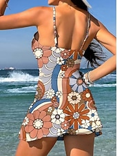 رخيصةأون مايوهات تانكيني-نسائي ملابس السباحة قطعة واحدة مايوه تنورة ملابس السباحة أنيق العطلة ورد الرسم V رقبة بدون كم بدلة سباحة