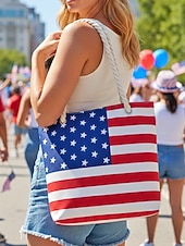  Verenigde Staten 250e Verjaardag Dames Canvas Amerikaanse Vlag Tote Bag Grote Capaciteit Rits Top Schouder Handtas met Touwhandvatten Strandvakantie  Dagelijks Casual Gebruik