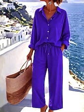 preiswerte Sets-Damen Baumwoll-Leinen Hosen Sets Bolero Oberteil Langarm Hemd Kragen Einfarbig Mode Streetwear Lässig Alltag Draußen Blau Schwarz Weiß Sommer Lockerer Schnitt