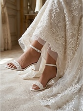 cheap Bride-Women's Ivory White Block Heel Sandals with Pearl Detail - Elegant Bridal Shoes for Garden Weddings