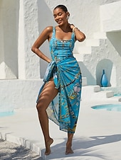 baratos Maiô Floral-saída de praia dupla face em chiffon fluido com joias vintage