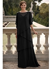 economico Lunghezza del pavimento-Linea ad A Lunghezza al pavimento Abito da invitata a nozze Abito Formale Abito a Strati Abito da cerimonia per signora Mezza Manica Scollo a Barca Elegante Formale Ospite di nozze Chiffon con Volant