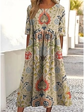 cheap Floral Dress-Women's Midi Dress Casual Dress Floral Dress Elegant Beach Regular Fit Floral Leaf Half Sleeve Crew Neck Blue Orange Khaki Beige Summer Spring