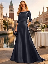 cheap Floor Length-A-Line Floor Length Wedding Guest Dress Formal Dresses Evening Gown Mother of the Bride Dress Half Sleeve Off Shoulder Elegant Minimalist Mother Engagement Formal Evening Chiffon Satin with Ruched